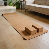A natural cork yoga mat laid out on a light wood floor in a bright, modern living room with a beige sofa, potted plants, and two yoga blocks on top.