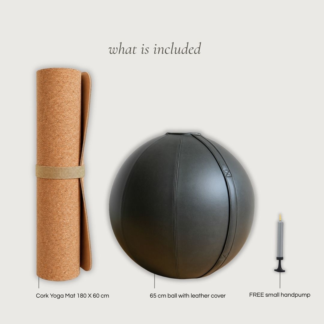 Premium Wellness Bundle: Grey Leather Sitting Ball + Cork Yoga Mat