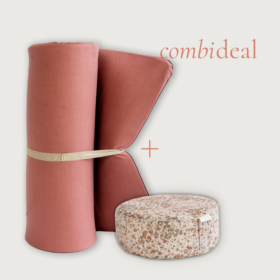 Combideal: Raspberry Icecream Yogamat & Beige Pouf with Print