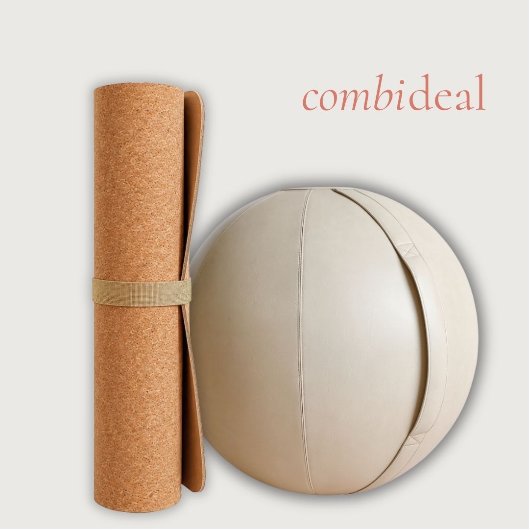 Premium Wellness Bundle: Beige Leather Sitting Ball + Cork Yogamat