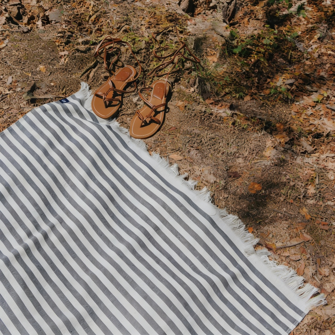 Striped blanket on the ground in a forest setting Torres Noves