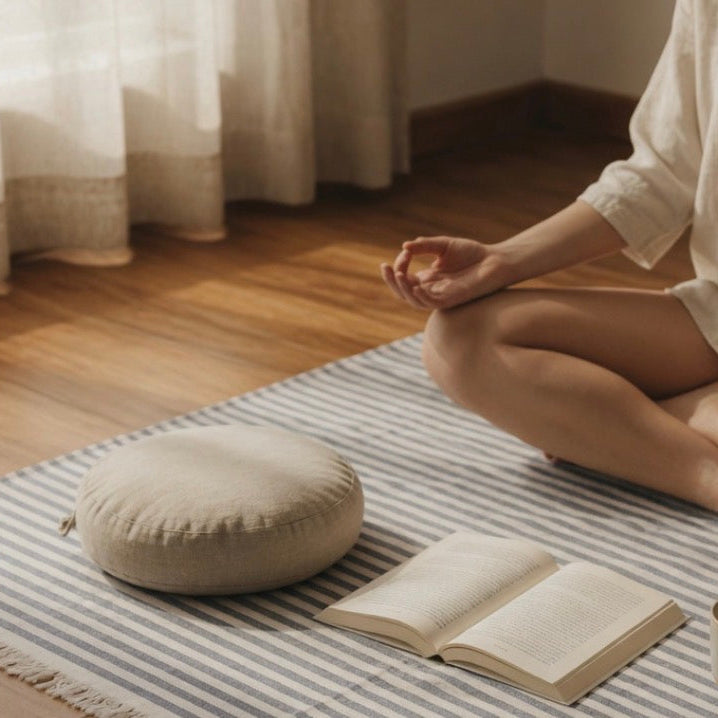 Person meditating on a striped mat with a pillow and open book in a serene setting.