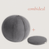 A dark gray corduroy ball-shaped pouf next to a matching round floor cushion, with the word 'combideal' and a plus sign on a light beige background.