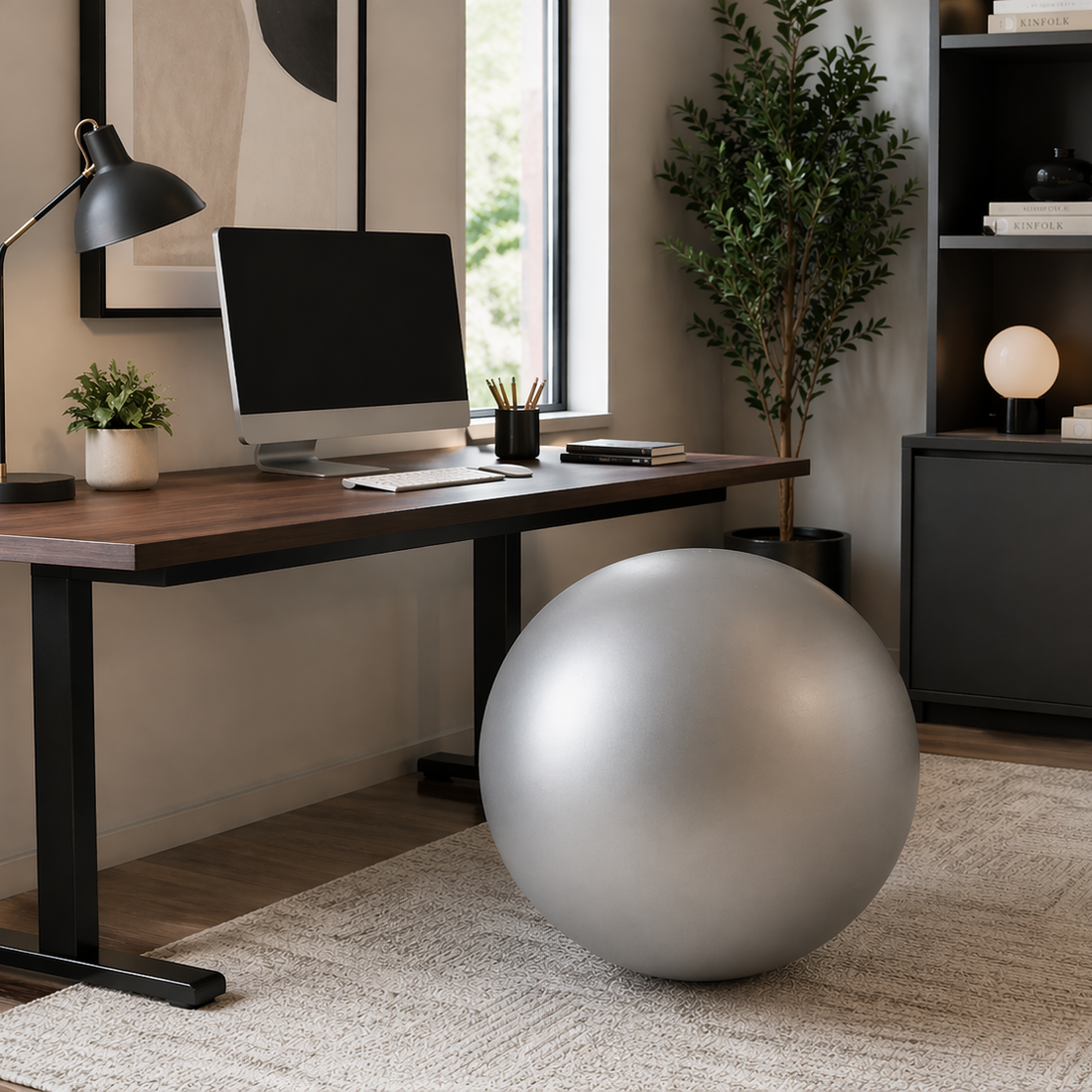 Home office with a desk, computer, and exercise ball on a rug.