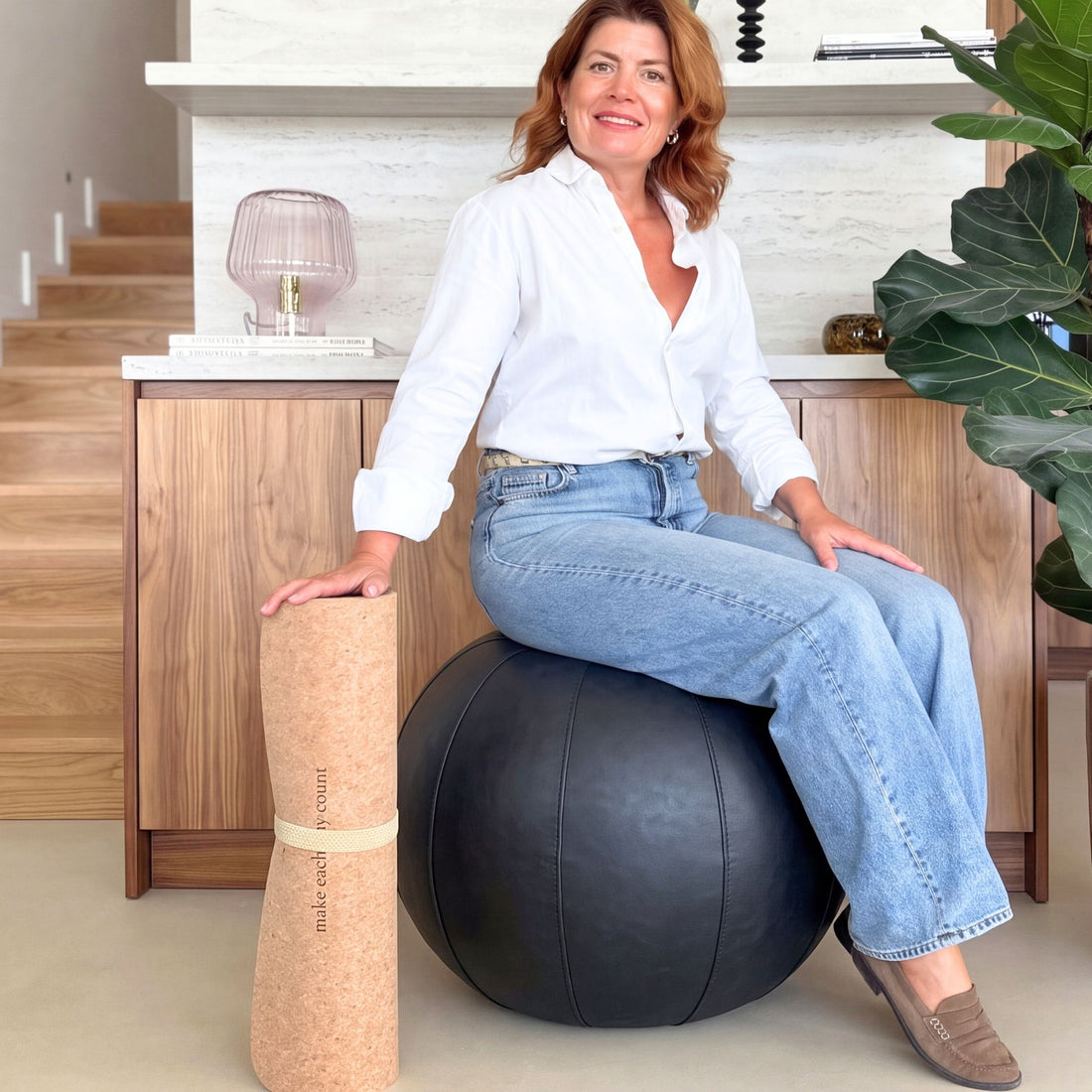 Premium Wellness Bundle: Grey Leather Sitting Ball + Cork Yoga Mat