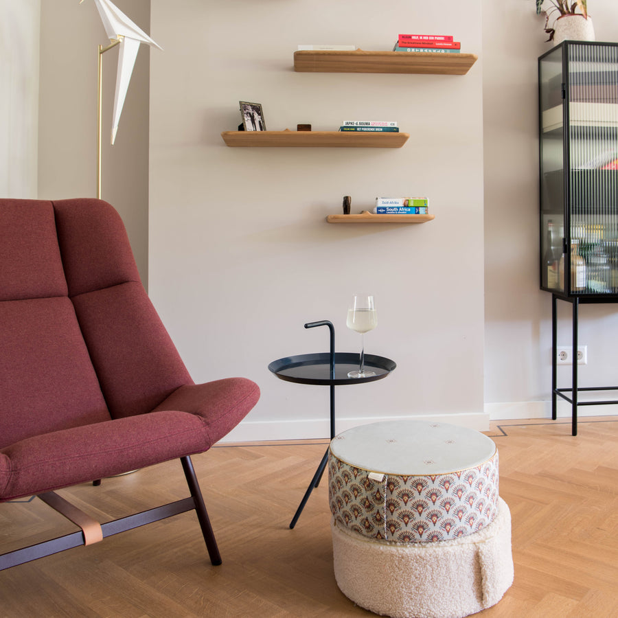 2 poufs in living room scandinavian style