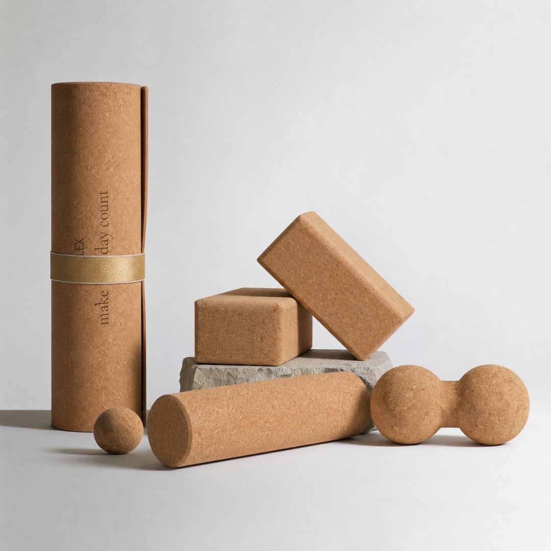 A set of cork yoga props and packaging, including rectangular yoga blocks, a peanut roller, a small ball, and a natural corl yoga mat