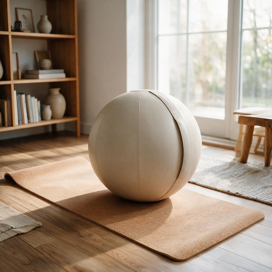 Premium Wellness Bundle: Beige Leather Sitting Ball + Cork Yogamat