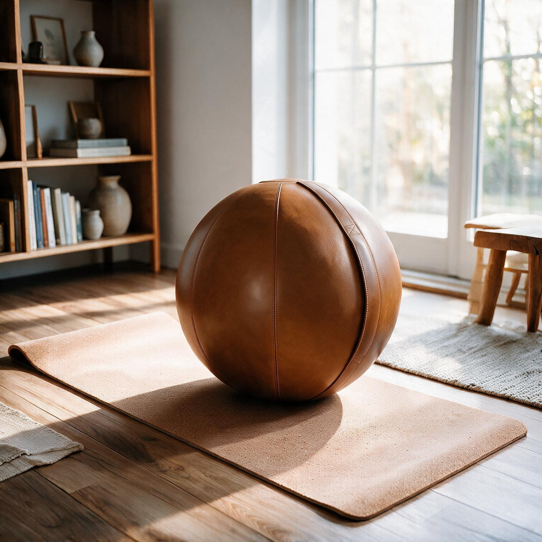 Premium Wellness Bundle: Brown Leather Ball + Cork Yoga Mat