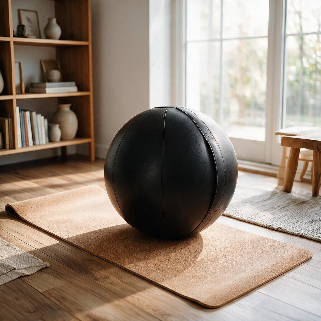 Premium Wellness Bundle: Grey Leather Sitting Ball + Cork Yoga Mat