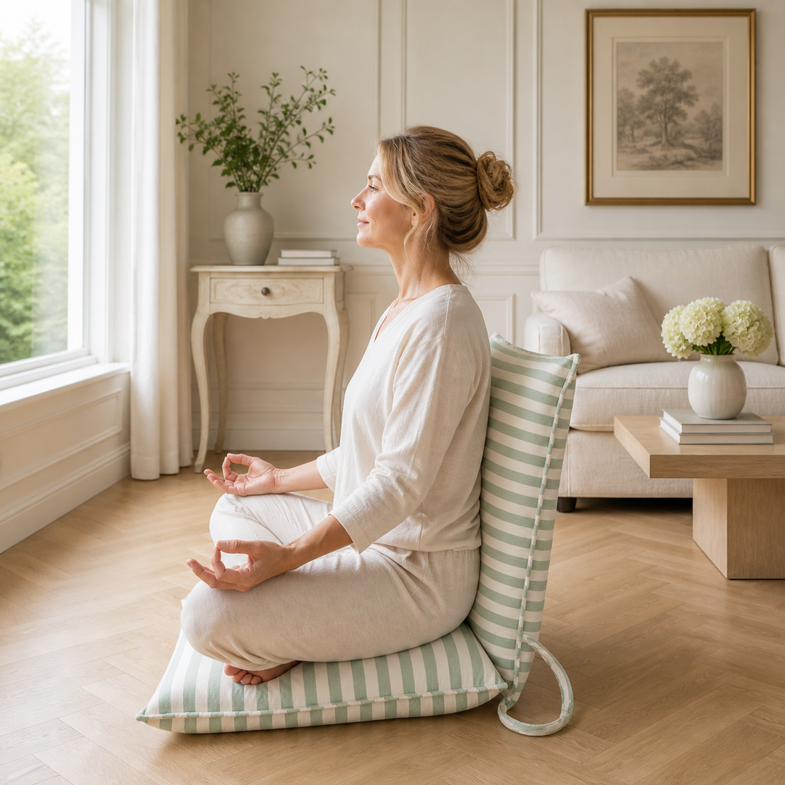 Woman meditating on a striped cushion in a serene living room.