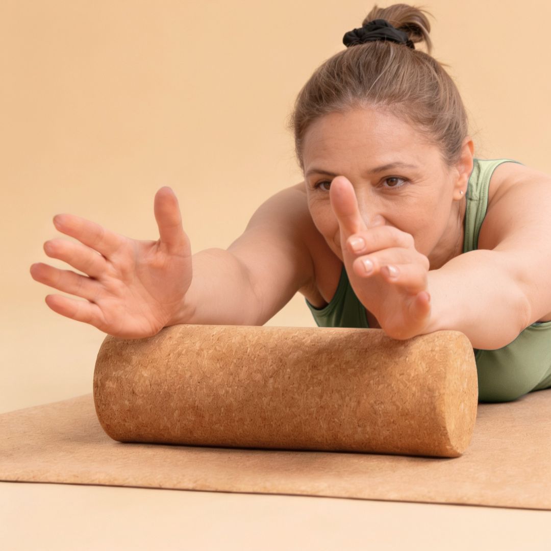 A woman lying on a cork yoga mat uses a cylindrical foam roller for back massage. She is wearing a green tank top and pointing at the camera with one hand while resting the other on the foam roller.