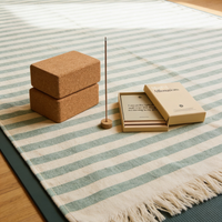 Striped rug with cork blocks and a small wooden box on a wooden floor.