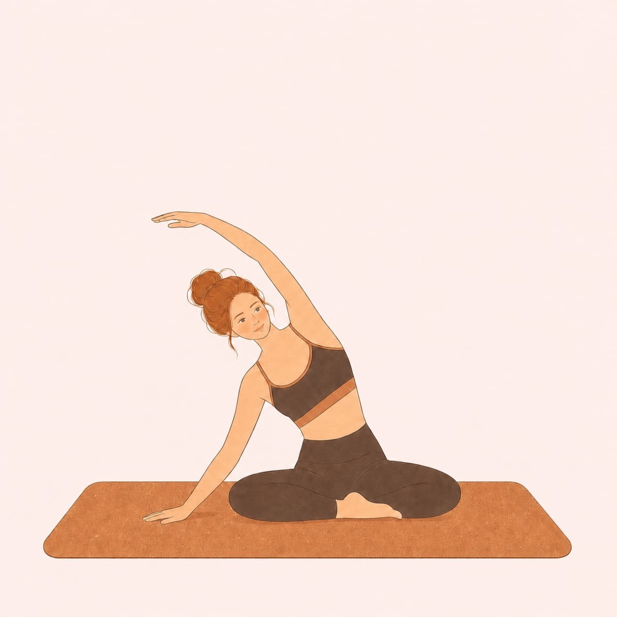 Seated side stretch on a natural cork yoga mat
