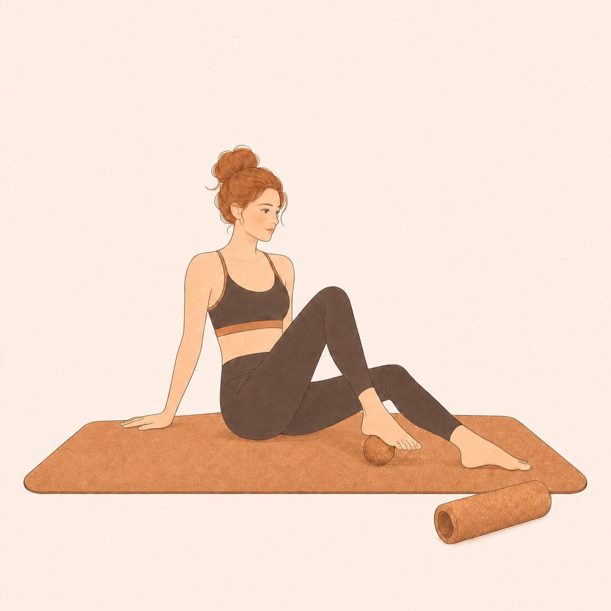 Seated recovery pose with cork massage ball and cork roller