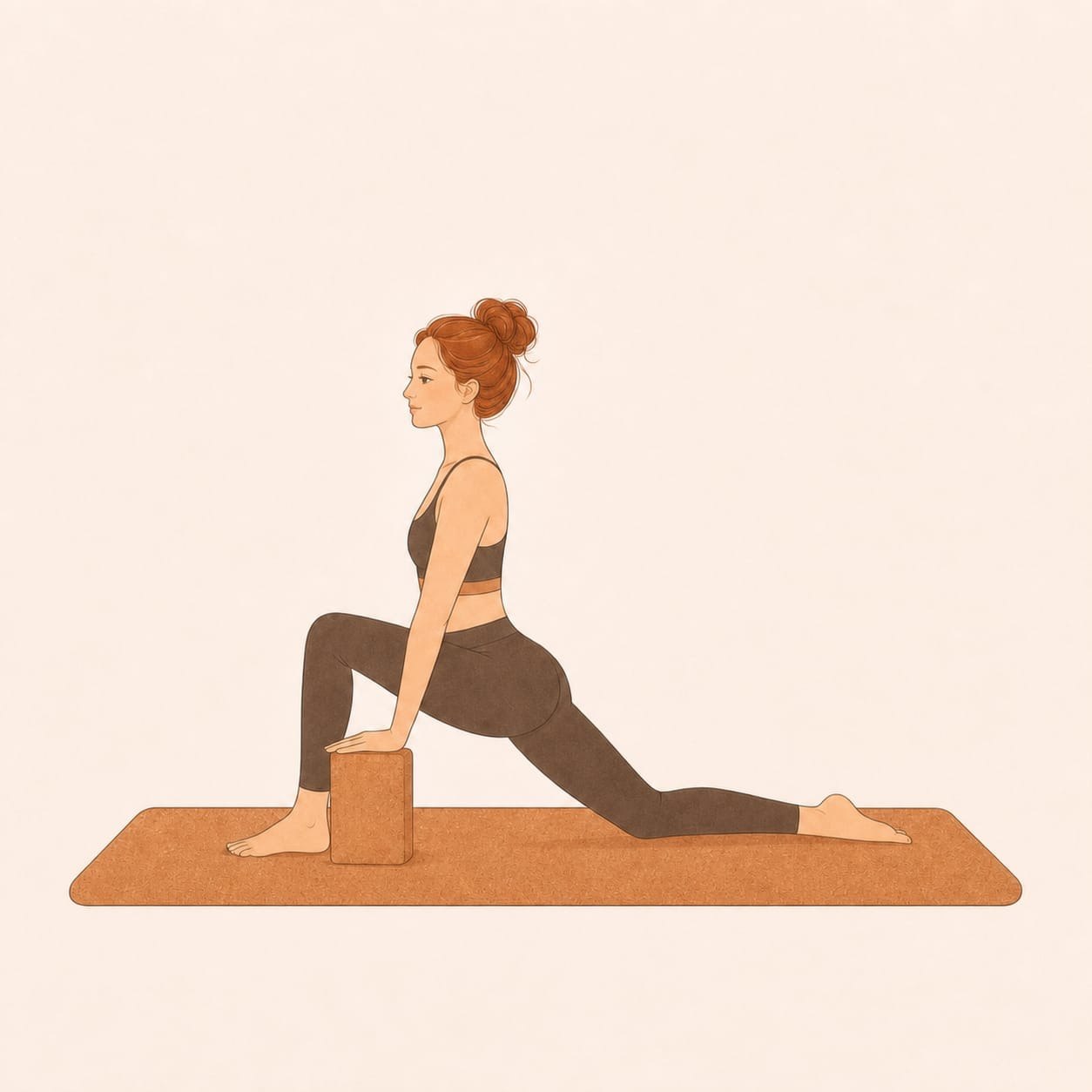 Low lunge with cork yoga block on a cork mat